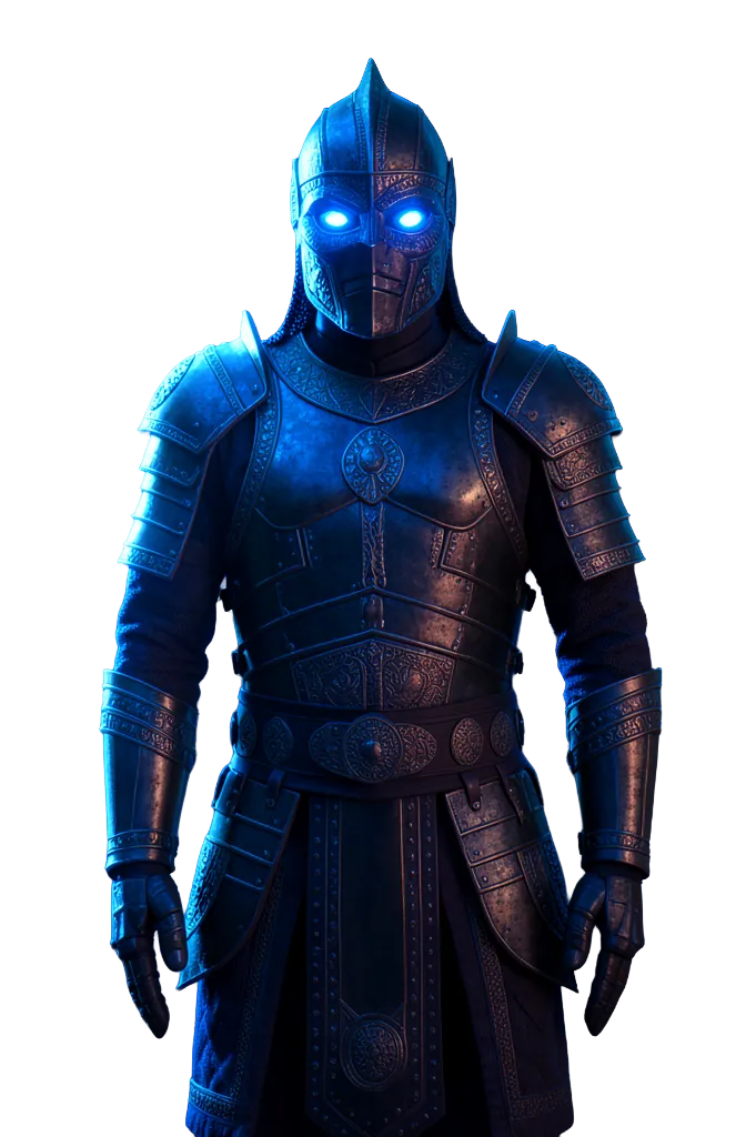 A warrior's eyes ignite with electric blue light